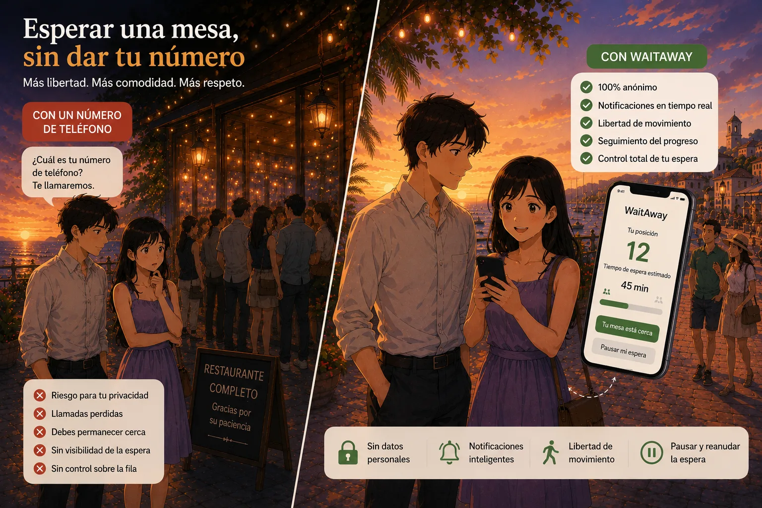 Comparación entre esperar con un número de teléfono y esperar de forma anónima con WaitAway