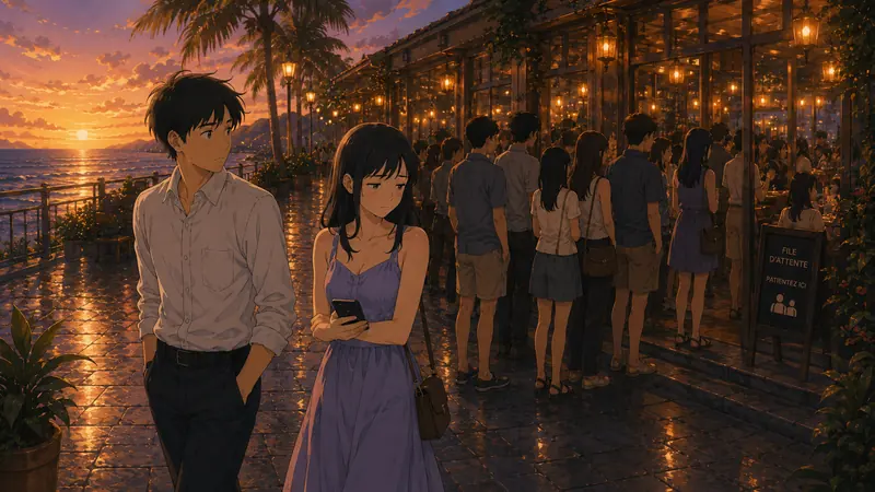 Couple qui renonce à attendre devant un restaurant plein