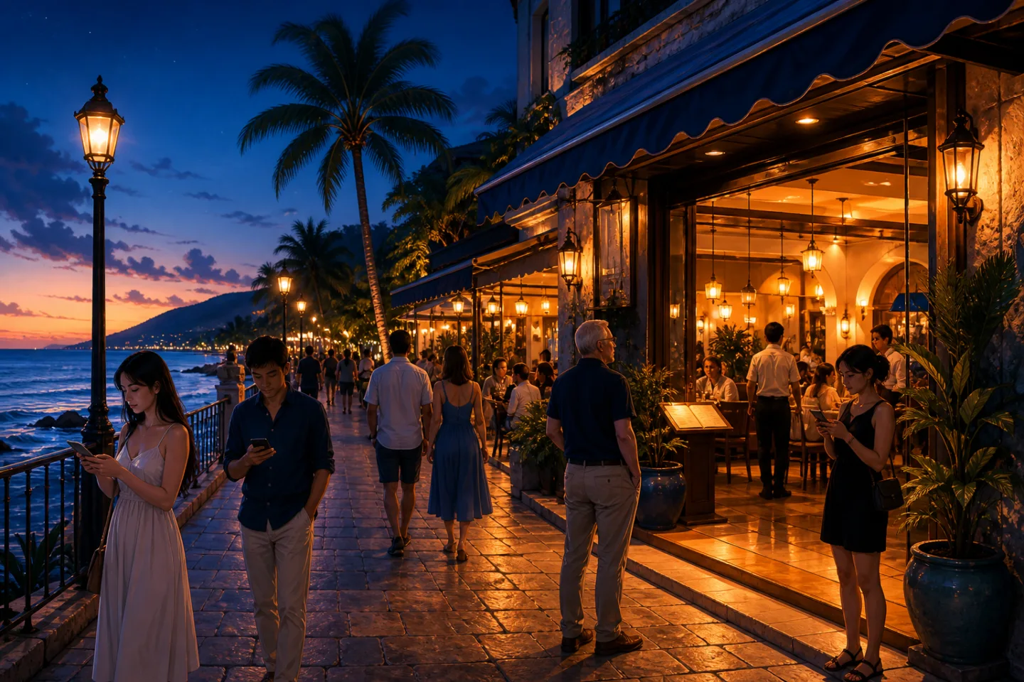 Clients suivant leur attente sur téléphone près d’un restaurant touristique